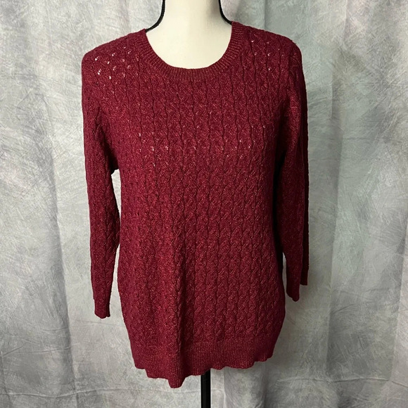 JC Penney Burgundy Open Weave Cable Knit 3/4 Sleeve Scoop Neck Sweater - XL - Picture 1 of 11
